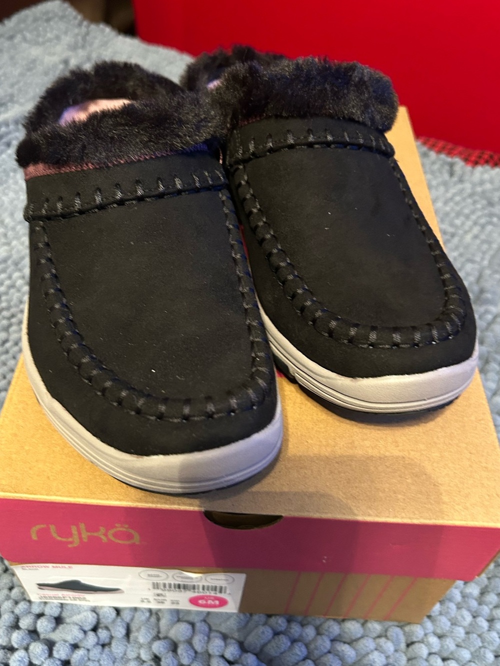 NIB Ryka Arrow Comfort Black Clogs/Mules-Fur Warmth-Athletic Sneaker Women’s 6